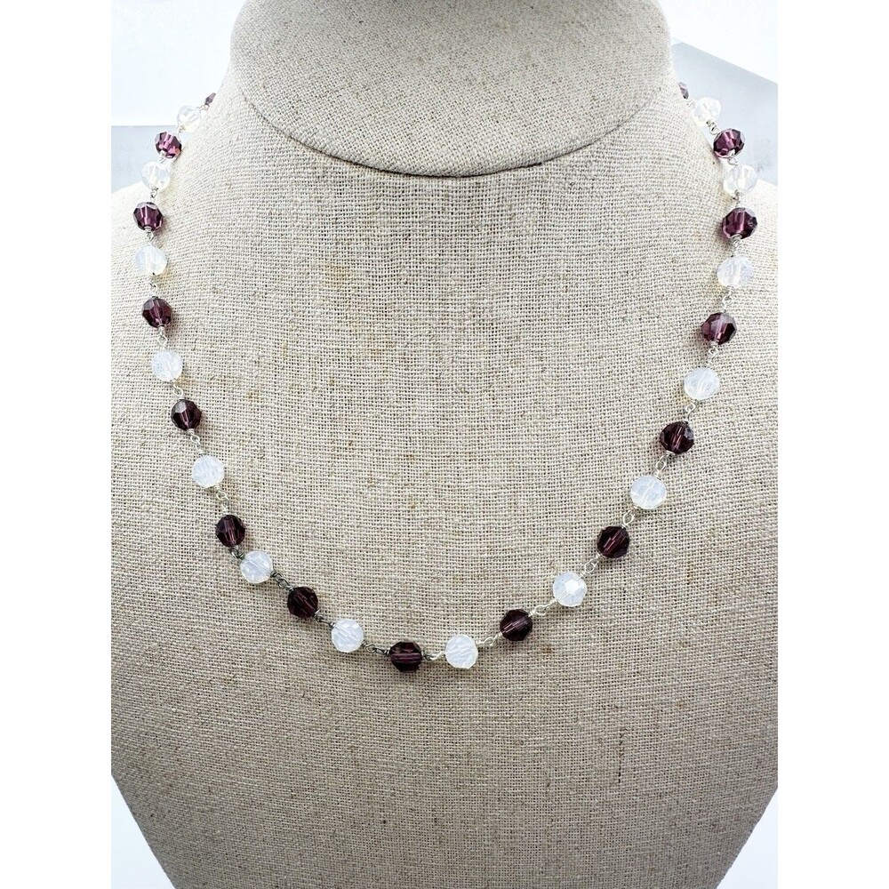 925 Sterling Silver Dainty Faceted Crystal Necklace 17”